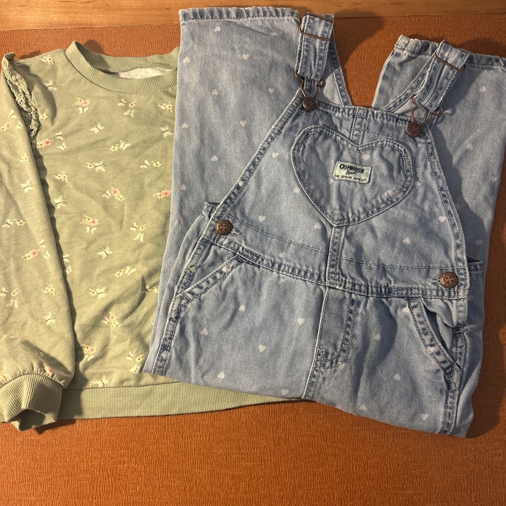 Osh Kosh B'Gosh Overalls & Sweatshirt 5T Hearts‎ Flowers, Butterflies
